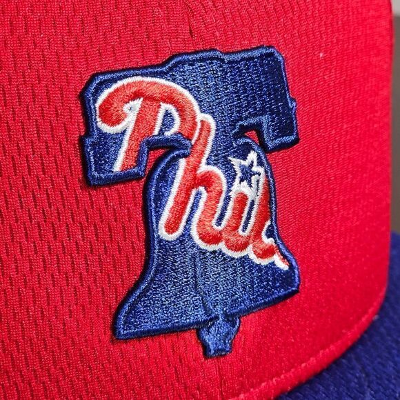 New Era MLB Phillies Fitted Hat Cap 7 7/8 Red Blue 59Fifty Bating Practice New - Picture 2 of 16